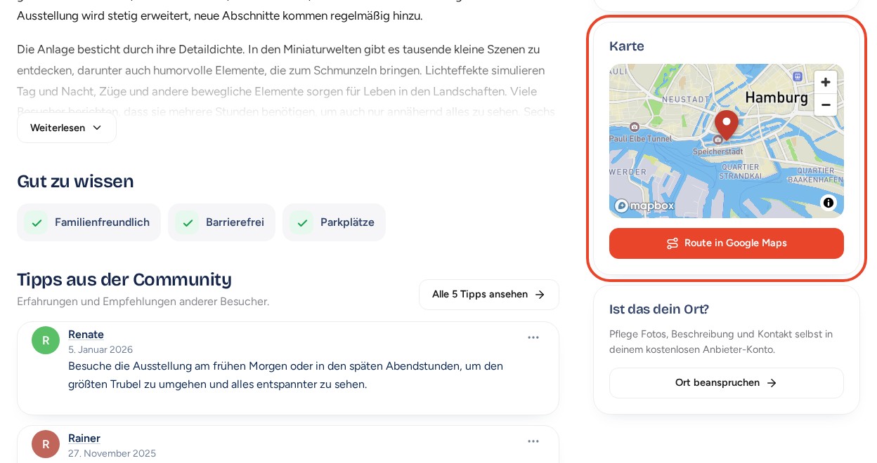 Miniatur Wunderland: Karte und Route in Google Maps rot markiert
