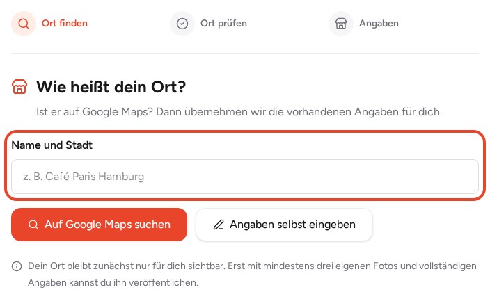 Echter Anbieterbereich: Suchfeld für Name und Stadt rot markiert
