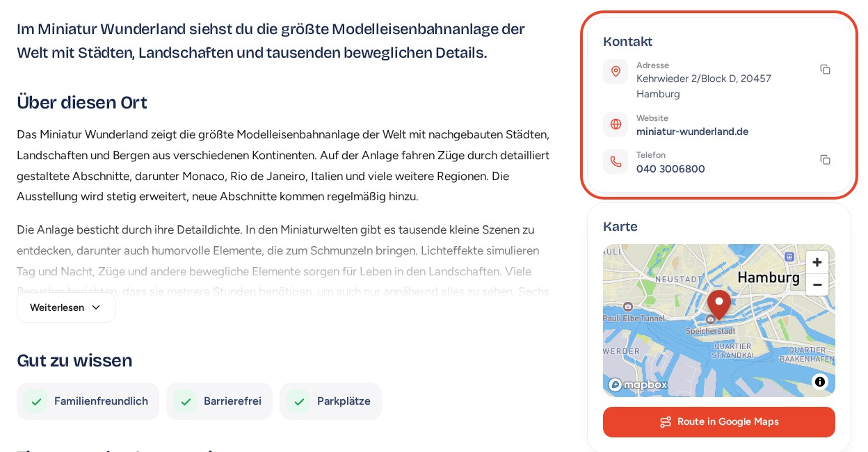 Miniatur Wunderland: Kontaktbox mit Adresse, Website und Telefon rot markiert