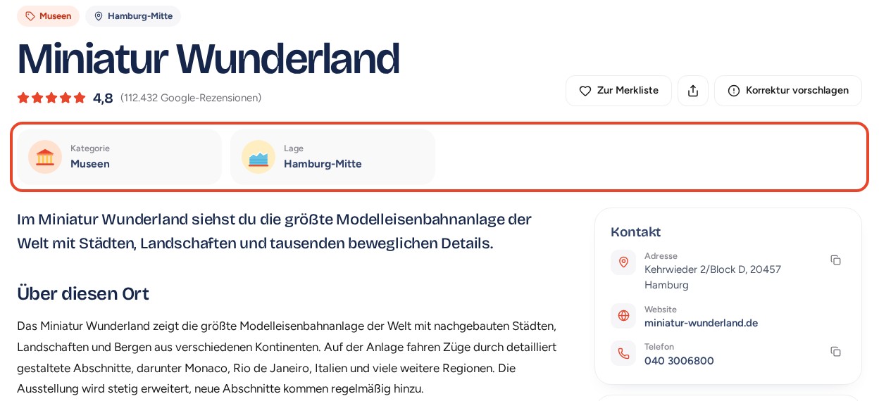 Miniatur Wunderland: rot markierte Infokacheln unter dem Ortsnamen