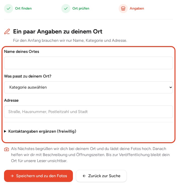 Echter Anbieterbereich: Felder für Name, Kategorie und Adresse rot markiert
